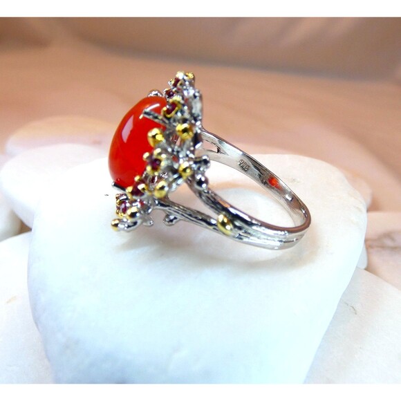 Natural Carnelian Rhodolite Garnet Sterling Silver Gold Ring Size 7 - Picture 2 of 8